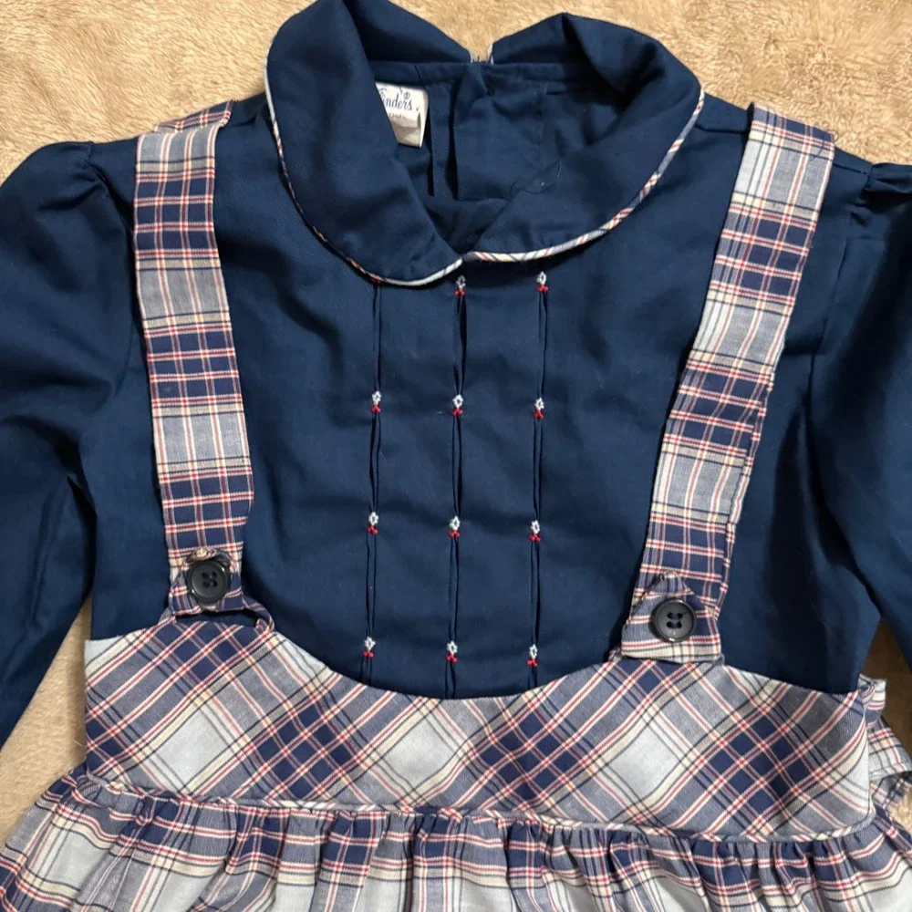 Polly Flinders Vintage Navy Plaid Hand Smocked Dress Girls 6X